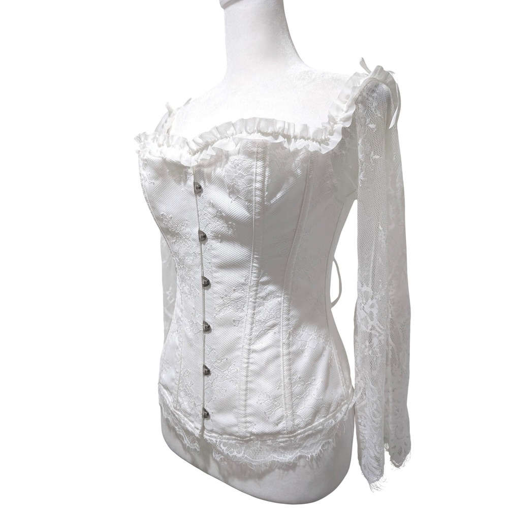 White Lace Sleeve Off Shoulder Corset Top Bustier Lace Up Back M Cosplay Fairy - Picture 3 of 11
